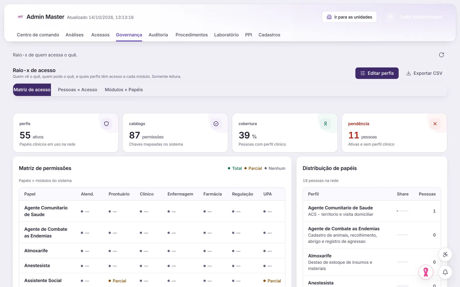 Raio-x de acesso com a matriz de permissões por papel e a distribuição de perfis, com dados fictícios