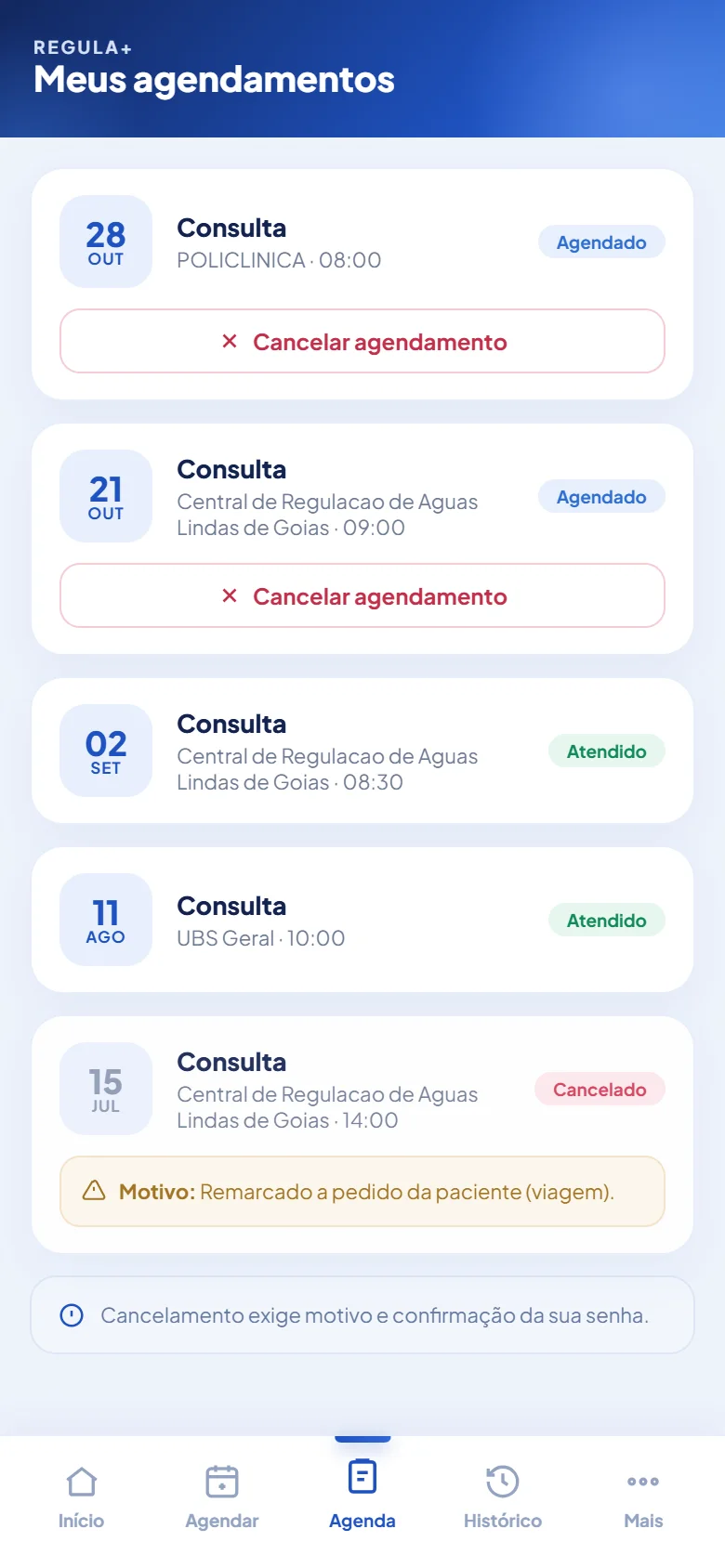 Meus agendamentos no Regula+, com consultas agendadas, atendidas e canceladas com motivo, com dados fictícios