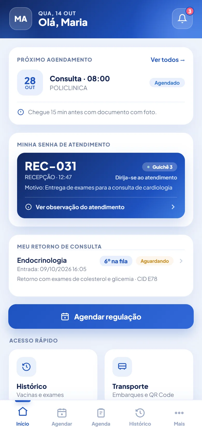 Tela inicial do Regula+ com o próximo agendamento, a senha de atendimento e o retorno em fila, com dados fictícios