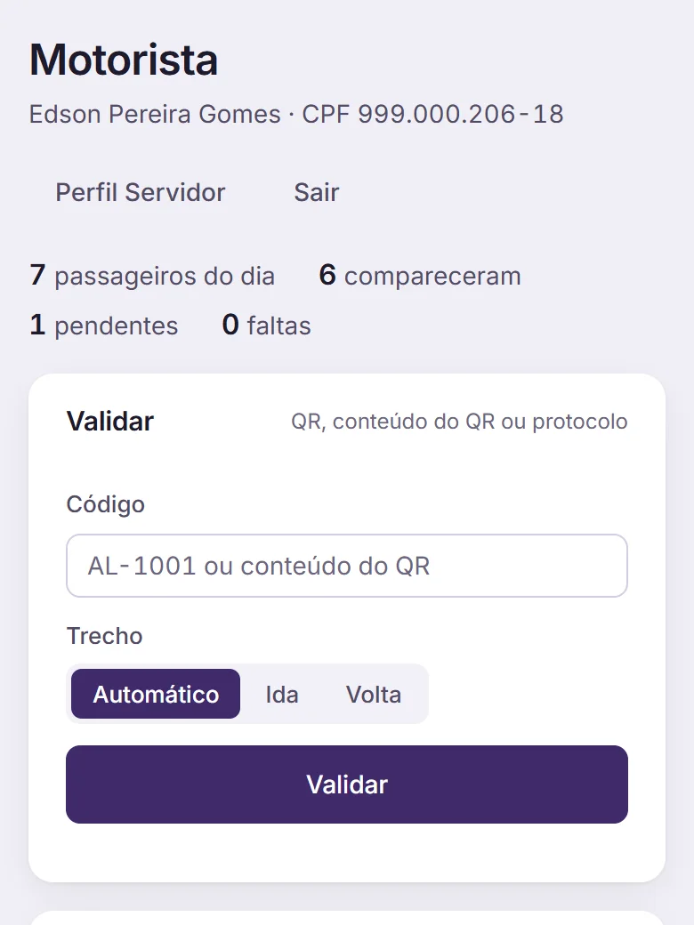 Tela do motorista no celular, com os passageiros do dia e a validação por QR Code, com dados fictícios